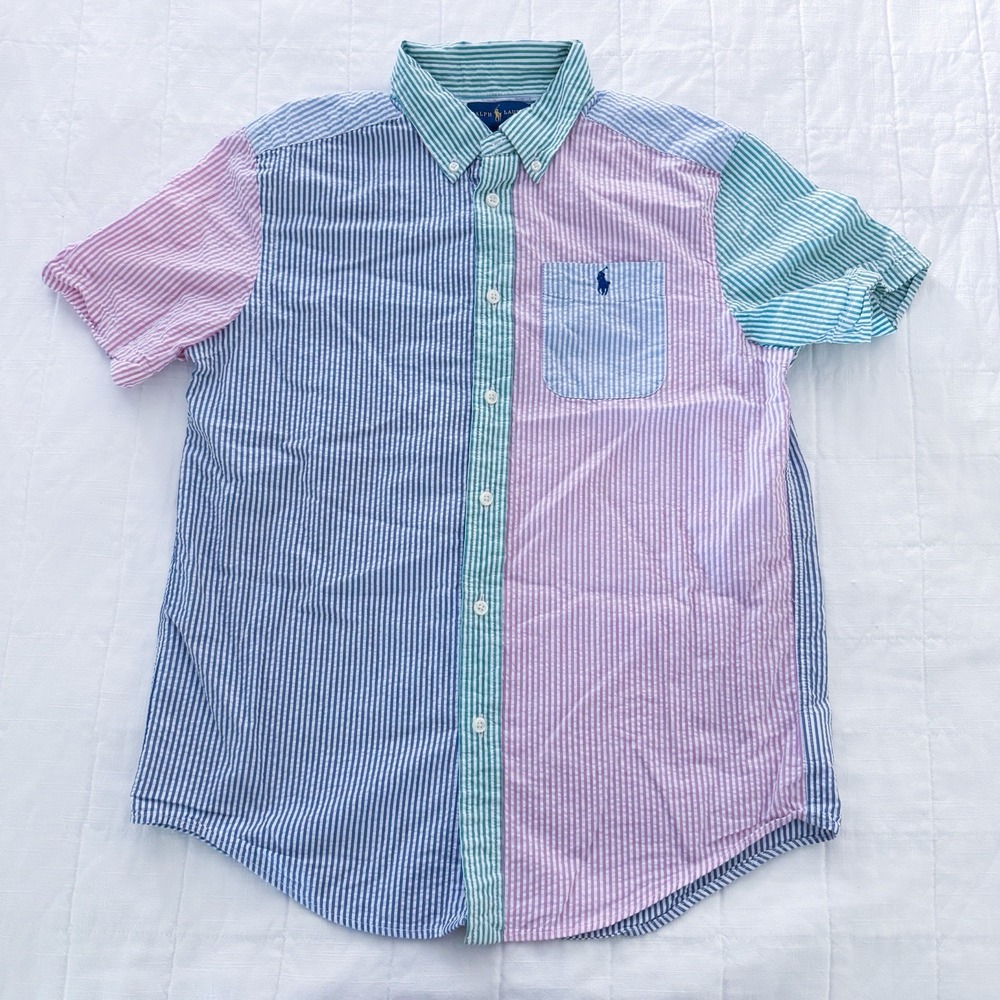 Polo Ralph Lauren Boys Seersucker Button Down Large 14-16 Color Block Shirt